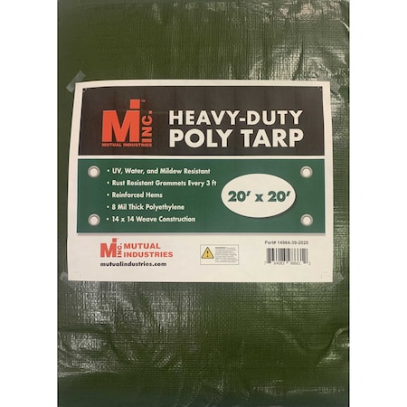 Mutual Industries Heavy Duty Tarp, 20 ft x 20 ft, 8 mil, Green, UV Resistant, Mildew Resistant 14964-39-2020